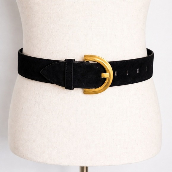 Motion East Black Suede Leather Gold Buckle 80s Glam Wide Statement Belt Medium